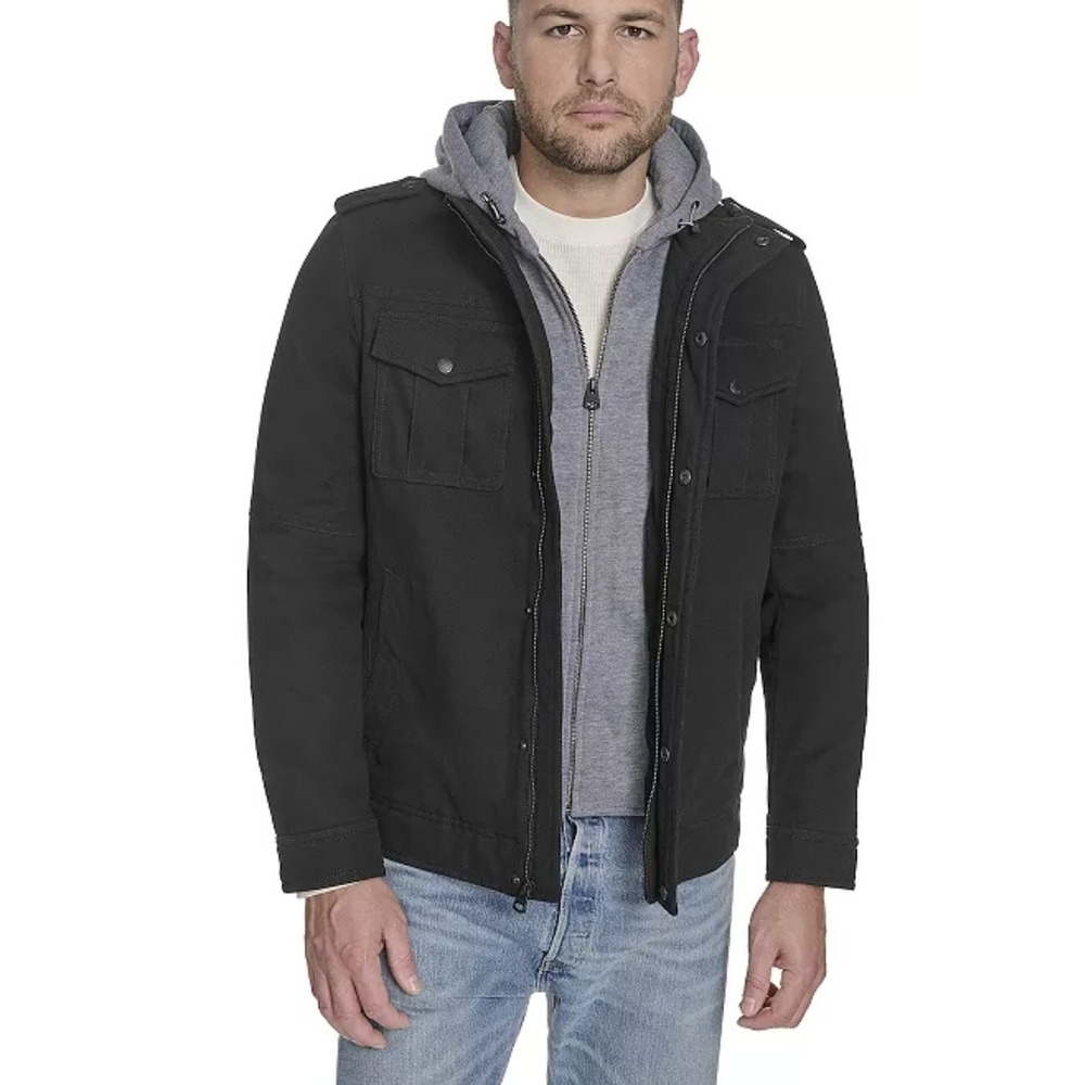 Levi's Field Jacket Men XLT Black Hooded Sherpa Lined Cotton Utility Coat
